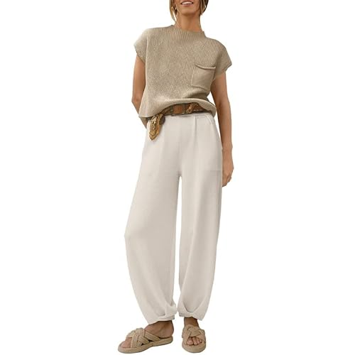 Damen-Loungewear-Anzug, kurzärmelig, 2-teilig, gerippt, Strickpullover, Tops und Hose mit hoher Taille, lässiger Pullover Sets, beige, 42 von Snaked cat