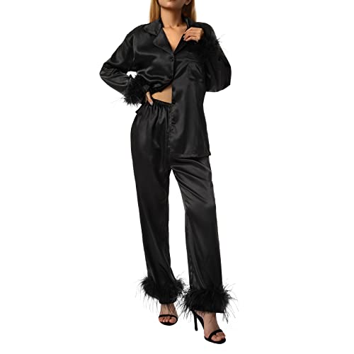 Damen Satin Pyjama Set Federfellbesatz Langarm Button Down Nachtwäsche Zweiteilige Sets Loungewear mit Taschen, Schwarz , 42 von Snaked cat