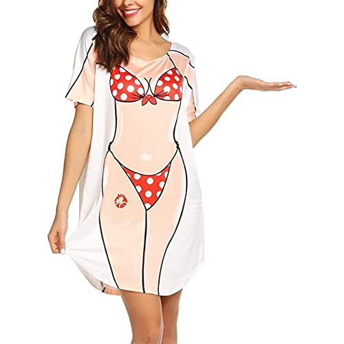 Damen Schwimmen Cover Up Lustig Bikini Gedruckt Frau Kleid Cover-Up T-Shirt Strand Party Fun Wear, Rot mit weißen Punkten, L von Snaked cat