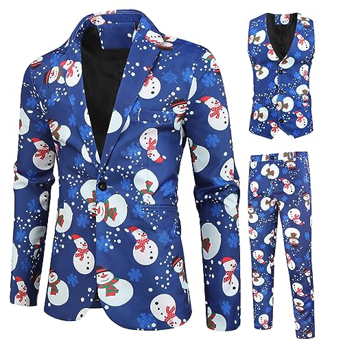 Herren-Weihnachtsanzug, leger, Weihnachtsanzug, 3-teilig, Blazer, Weste, Jacken, Hosen, Hässliche Anzüge, lustiger Schneemann, Lebkuchen, Bedruckte Outfit (Blauer Schneemann, L) von Snaked cat