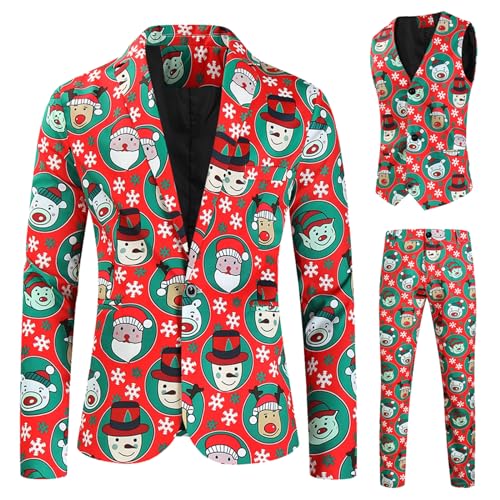 Herren-Weihnachtsanzug, leger, Weihnachtsanzug, 3-teilig, Blazer, Weste, Jacken, Hosen, Hässliche Anzüge, lustiger Schneemann, Lebkuchen, Bedruckte Outfit (Rot Karikatur, XXXXL) von Snaked cat