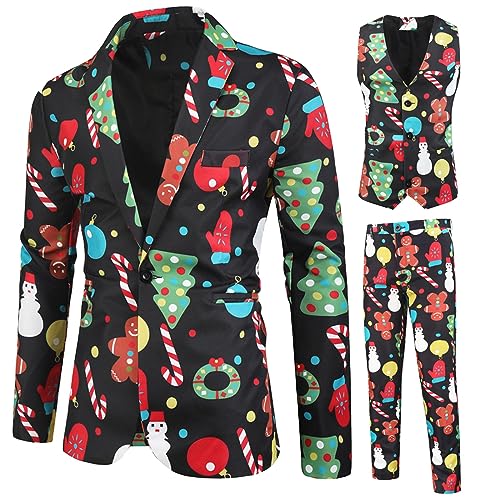 Herren-Weihnachtsanzug, leger, Weihnachtsanzug, 3-teilig, Blazer, Weste, Jacken, Hosen, Hässliche Anzüge, lustiger Schneemann, Lebkuchen, Bedruckte Outfit (Schwarzer Pfefferkuchenmann, XL) von Snaked cat