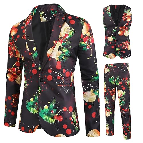 Herren-Weihnachtsanzug, leger, Weihnachtsanzug, 3-teilig, Blazer, Weste, Jacken, Hosen, Hässliche Anzüge, lustiger Schneemann, Lebkuchen, Bedruckte Outfit (Schwarzer Weihnachtsball, XL) von Snaked cat