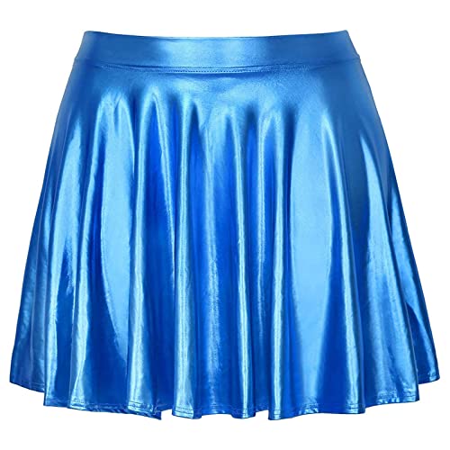 Metallic Rock Damen Metallic Faltenrock Mini Skater Rock Sonnenkostüm Weltraum Mädchen Kostüm 90er Jahre Outfit für Balletttanz Disco, blau, 52 von Snaked cat