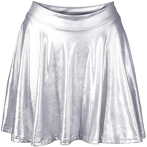 Metallic Rock Damen Metallic Faltenrock Mini Skater Rock Sonnenkostüm Weltraum Mädchen Kostüm 90er Jahre Outfit für Balletttanz Disco, silber, 36 von Snaked cat