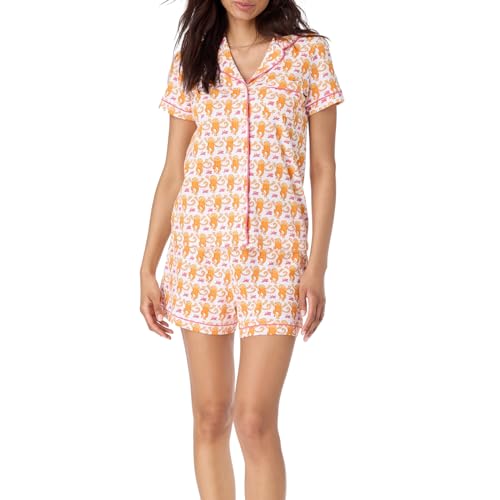 Snaked cat 2-teiliges Damen-Pyjama-Set mit Blumenmuster, Y2K, kurzärmelig, Affe, Häschen, Tiger, Blumenmuster, PJ Shorts, Rolldupes, Kaninchen, adrett, Affe Orange, 38 von Snaked cat