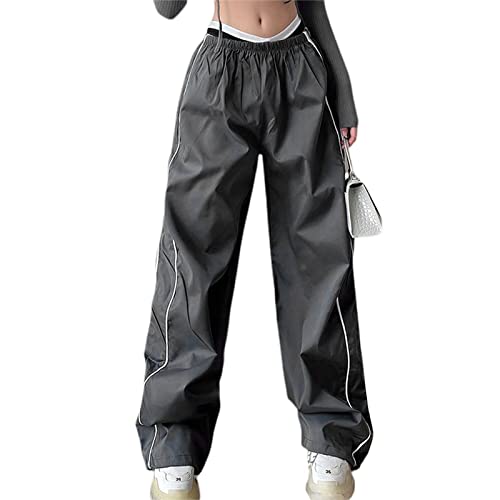 Snaked cat 2023 Teenager Mädchen Y2k Fallschirmhosen Baggy Cargohose Weites Bein Track Pants Elastische Taille Parachute Pants 90er Sport Hose (A-Dunkelgrau, S) von Snaked cat