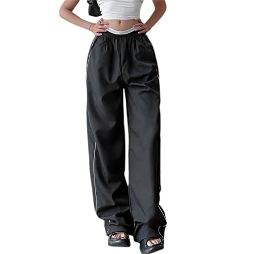 Snaked cat 2023 Teenager Mädchen Y2k Fallschirmhosen Baggy Cargohose Weites Bein Track Pants Elastische Taille Parachute Pants 90er Sport Hose (A-Schwarz, S) von Snaked cat