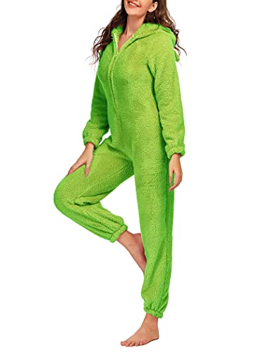 Snaked cat Damen Flanell Pyjama Onesies Reißverschluss Front Hoodie Plüsch Jumpsuit Einteiler Pyjama, grün, 52 von Snaked cat