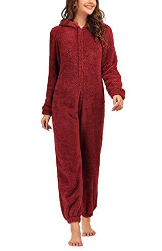 Snaked cat Damen Flanell-Pyjama Onesies Reißverschluss vorne Hoodie Plüsch Jumpsuit Einteiler Pyjama, weinrot, 38 von Snaked cat