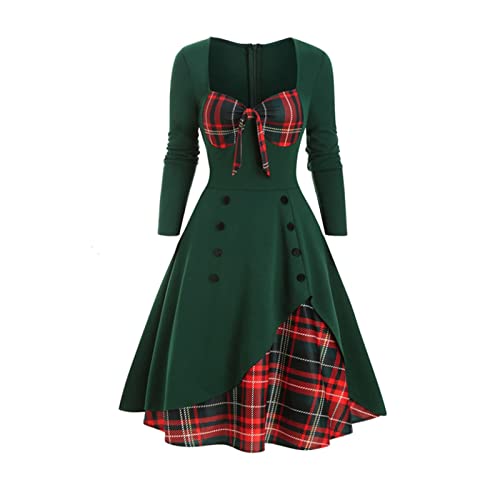 Snaked cat Damen Vintage Kleider 1950er Retro Kleid Weihnachten Plaid Mid Kleid A-Linie Slim Fit Patchwork Kleid Outfits, grün, Small von Snaked cat