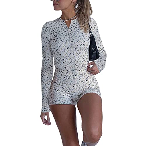 Snaked cat Y2k Langärmeliger Einteiler Bodysuit V-Ausschnitt Bodycon Blumendruck Shorts Dehnbarer Pyjama Onesie Strampler Jumpsuit, blau, Medium von Snaked cat