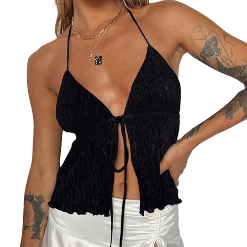 Y2K rückenfreies bauchfreies Top für Damen, Vintage-Stil, sexy Spaghettiträger, Camisole für den Sommer, süße Mini-Weste, E-Girl, Streetwear, L-schwarz, M von Snaked cat