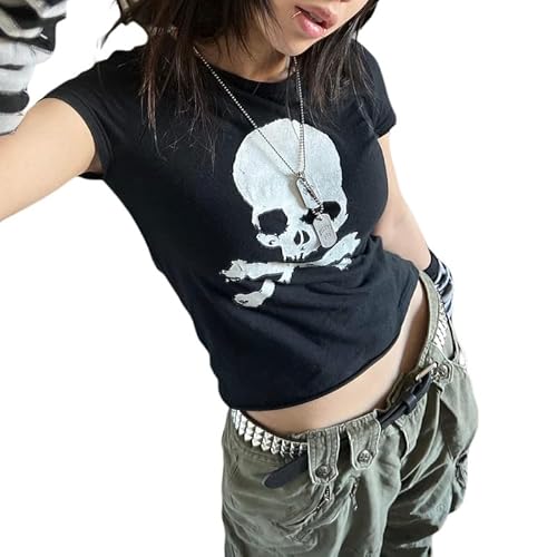 Y2k Damen Crop Top Baby Tees Ästhetische Kleidung für Teenager Mädchen Niedliche Kawaii E-Mädchen Teenager Sommer Kleidung Streetwear Tops, Schwarz #09., Small von Snaked cat