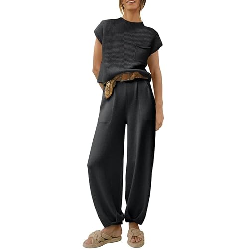 Zweiteilige Outfits für Frauen Pullover Sets Strickpullover Tops Hohe Taille Hosen Kurzarm Lounge-Sets, Schwarz , 36 von Snaked cat