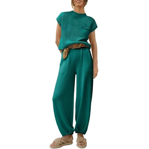 Zweiteilige Outfits für Frauen Pullover Sets Strickpullover Tops Hohe Taille Hosen Kurzarm Lounge-Sets, grün, 36 von Snaked cat