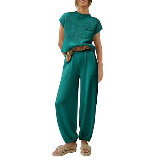 Zweiteilige Outfits für Frauen Pullover Sets Strickpullover Tops Hohe Taille Hosen Kurzarm Lounge-Sets, grün, 42 von Snaked cat