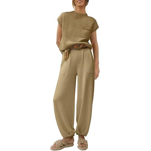 Zweiteilige Outfits für Frauen Pullover Sets Strickpullover Tops Hohe Taille Hosen Kurzarm Lounge-Sets, khaki, 42 von Snaked cat