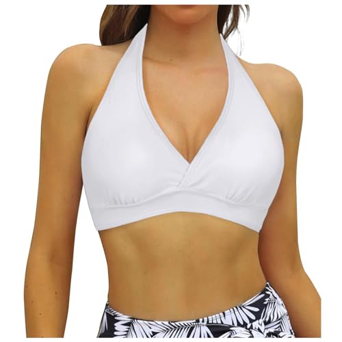 Bikini BH Damen Größen Brüste Bademoden Rückenfrei Bikinioberteil Push Up Sport Bikini Oberteil mit Abnehmbares Gepolsterte Sexy Halfter Self Tie BH Neckholder Bikinitop mit Polster ohne (White, L) von Snakell