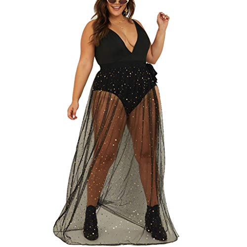 Damen 2 in 1 Transparent Mesh Rock Rave Outfit Sexy High Waist Maxirock Pailletten Tüllröcke Glitzer Sterne Rock mit Short Drunter Halloween Strandrock Festlich Röcke (Nur Mesh Rock 3-Black, XL) von Snakell