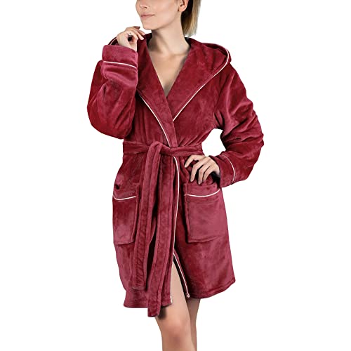 Damen-Bademantel mit Kapuze, Sexy Kimono Frottee-Bademantel, Weich Kurz Flanell Nachtwäsche Plüsch Fleece Damenkleid Pyjama Weicher Bademantel mit Tasche (Wine, S) von Snakell