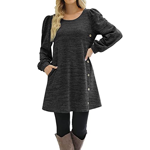 Damen Herbstkleid Pulloverkleid Casual Langarm Sweater Kleider A-Linien Midikleid Rundhals Strickkleid Herbst Winter Tunika Kleider Mit Taschen und Knöpfen Freizeitkleid Shirtkleid (Black #2, XL) von Snakell