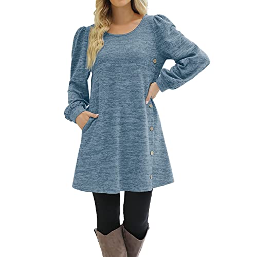 Damen Herbstkleid Pulloverkleid Casual Langarm Sweater Kleider A-Linien Midikleid Rundhals Strickkleid Herbst Winter Tunika Kleider Mit Taschen und Knöpfen Freizeitkleid Shirtkleid (Blue #2, XXL) von Snakell