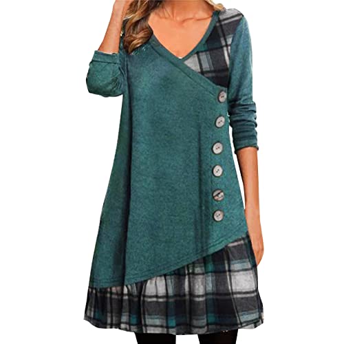 Damen Herbstkleid Pulloverkleid Casual Langarm Sweater Kleider A-Linien Midikleid Rundhals Strickkleid Herbst Winter Tunika Kleider Mit Taschen und Knöpfen Freizeitkleid Shirtkleid (Green #1, XL) von Snakell