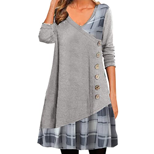 Damen Herbstkleid Pulloverkleid Casual Langarm Sweater Kleider A-Linien Midikleid Rundhals Strickkleid Herbst Winter Tunika Kleider Mit Taschen und Knöpfen Freizeitkleid Shirtkleid (Grey #1, XXL) von Snakell