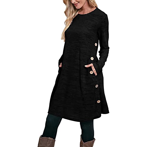 Damen Herbstkleid Pulloverkleid Casual Langarm Sweater Kleider A-Linien Midikleid Rundhals Strickkleid Herbst Winter Tunika Kleider Mit Taschen und Knöpfen Freizeitkleid Shirtkleid Lange (Black, L) von Snakell