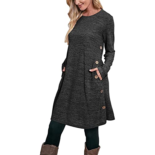 Damen Herbstkleid Pulloverkleid Casual Langarm Sweater Kleider A-Linien Midikleid Rundhals Strickkleid Herbst Winter Tunika Kleider Mit Taschen und Knöpfen Freizeitkleid Shirtkleid Lange (Grey, L) von Snakell