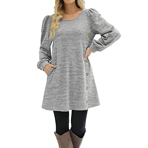 Damen Herbstkleid Pulloverkleid Casual Langarm Sweater Kleider A-Linien Midikleid Rundhals Strickkleid Herbst Winter Tunika Kleider Mit Taschen und Knöpfen Freizeitkleid Shirtkleid Lange (Grey #2, L) von Snakell