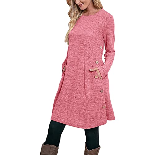 Damen Herbstkleid Pulloverkleid Casual Langarm Sweater Kleider A-Linien Midikleid Rundhals Strickkleid Herbst Winter Tunika Kleider Mit Taschen und Knöpfen Freizeitkleid Shirtkleid Lange (Pink, M) von Snakell