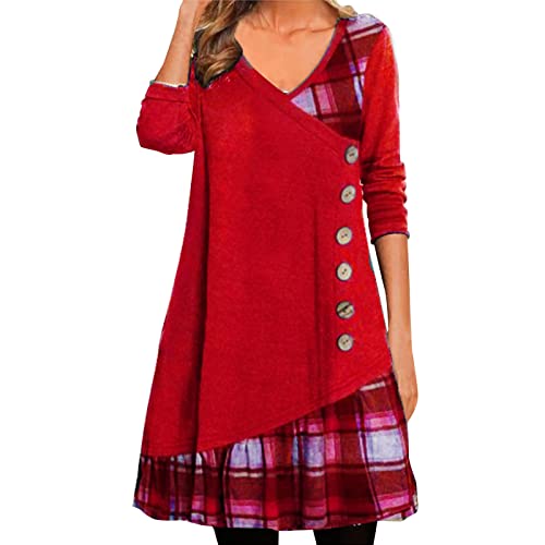 Damen Herbstkleid Pulloverkleid Casual Langarm Sweater Kleider A-Linien Midikleid Rundhals Strickkleid Herbst Winter Tunika Kleider Mit Taschen und Knöpfen Freizeitkleid Shirtkleid Lange (Red #1, XXL) von Snakell