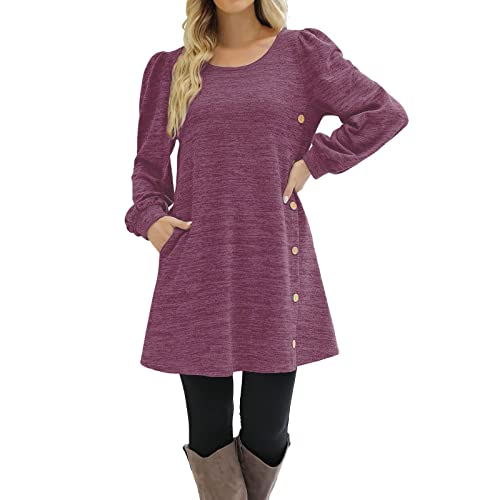 Damen Herbstkleid Pulloverkleid Casual Langarm Sweater Kleider A-Linien Midikleid Rundhals Strickkleid Herbst Winter Tunika Kleider Mit Taschen und Knöpfen Freizeitkleid Shirtkleid Lange (Red #2, XXL) von Snakell