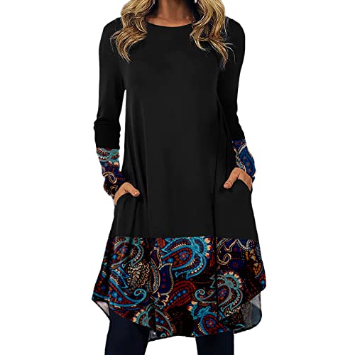 Damen Herbstkleid Pulloverkleid Casual Langarm Sweater Kleider A-Linien Midikleid Rundhals Strickkleid Herbst Winter Tunika Kleider Mit Taschen und Knöpfen Freizeitkleid Shirtkleid Lange Tops von Snakell