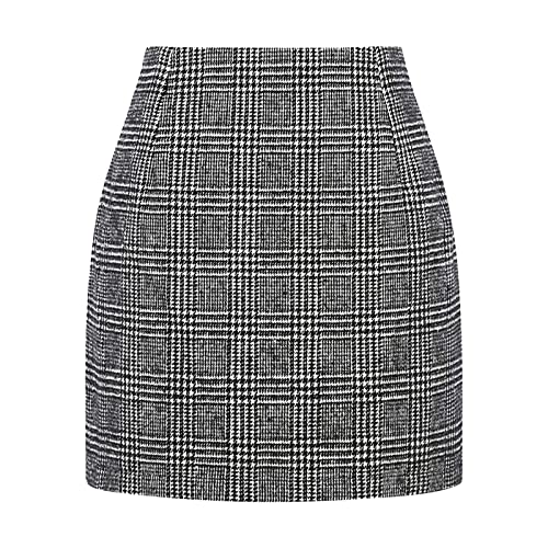 Damen Kariert Röcke Elegant Büro Rock Bleistift Figurbetont Minirock mit Schlitz Herbst Winter Hohe Taille Plaid A Linie Röcke Herbstrock Wollmischung Freizeitrock Vintage Kurze (1-Black, S) von Snakell