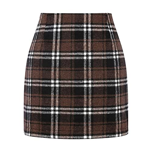 Damen Kariert Röcke Elegant Büro Rock Bleistift Figurbetont Minirock mit Schlitz Herbst Winter Hohe Taille Plaid A Linie Röcke Herbstrock Wollmischung Freizeitrock Vintage Kurze (1-Coffee, XXL) von Snakell