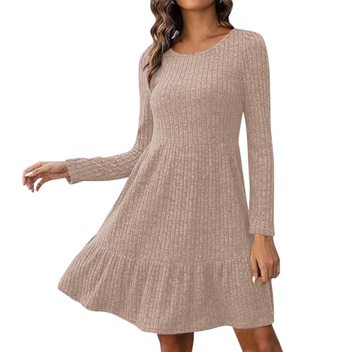 Damen kleid Pulloverkleid Strickkleider Damen Casual Langarm Sweater Kleider A-Linien Midikleid Rundhals Strickkleid Winter Tunika Kleider Mit Taschen und Knöpfen Freizeitkleid Shirtkleid Lange Tops von Snakell
