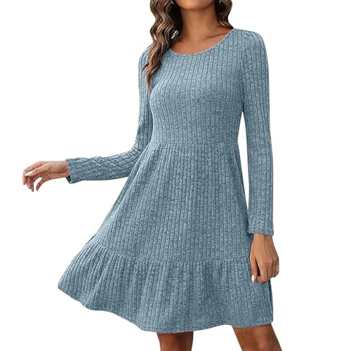 Damen Kleid Pulloverkleid Strickkleider Damen Casual Langarm Sweater Kleider A-Linien Midikleid Rundhals Strickkleid Winter Tunika Kleider Mit Taschen und Knöpfen Freizeitkleid Shirtkleid Lange Tops von Snakell