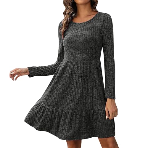 Damen kleid Pulloverkleid Strickkleider Damen Casual Langarm Sweater Kleider A-Linien Midikleid Rundhals Strickkleid Winter Tunika Kleider Mit Taschen und Knöpfen Freizeitkleid Shirtkleid Lange Tops von Snakell