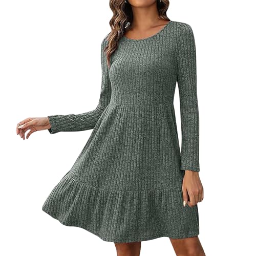 Damen kleid Pulloverkleid Strickkleider Damen Casual Langarm Sweater Kleider A-Linien Midikleid Rundhals Strickkleid Winter Tunika Kleider Mit Taschen und Knöpfen Freizeitkleid Shirtkleid Lange Tops von Snakell