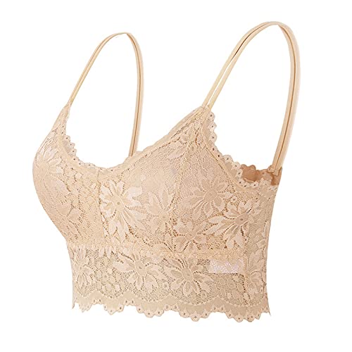 Damen Spitze BH V-Ausschnitt Bralette Bauchfrei Top BH Push Up Bustier Sommer-Bandeau-BH Gepolsterter Träger BH Bequem Unterwäsche Dessous Weste Spitzen Bra Yoga Sport BHS Crop Top (Beige-1, L) von Snakell