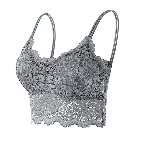 Damen Spitze BH V-Ausschnitt Bralette Bauchfrei Top BH Push Up Bustier Sommer-Bandeau-BH Gepolsterter Träger BH Bequem Unterwäsche Dessous Weste Spitzen Bra Yoga Sport BHS Crop Top (Grey-1, L) von Snakell