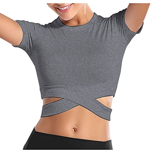 Damen Sport Crop Tops Langarm Nahtlose Kompression T-Shirt Fitness Crop-Top Kurzarm Bauchfreie Sexy Oberteile Stretch Atmungsaktiv Sportshirt mit für Gym Yoga Running (Grey-2, M) von Snakell