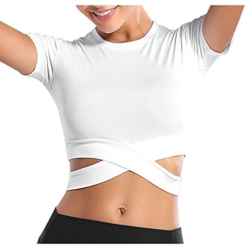 Damen Sport Crop Tops Langarm Nahtlose Kompression T-Shirt Fitness Crop-Top Kurzarm Bauchfreie Sexy Oberteile Stretch Atmungsaktiv Sportshirt mit für Gym Yoga Running (White-2, L) von Snakell