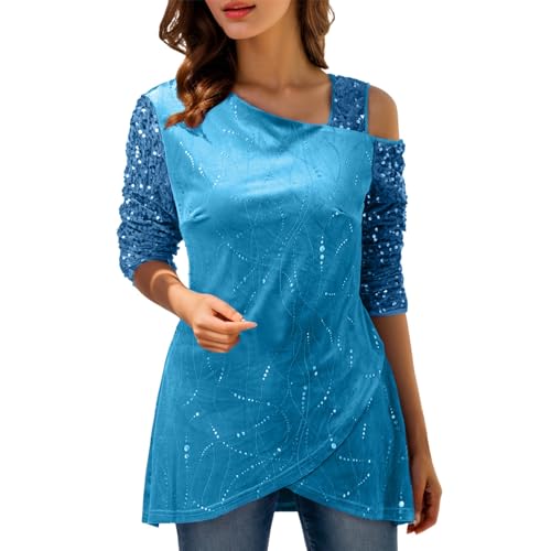 Festliche Blusen Damen Pailletten Tunika Damen Bluse Elegant Longbluse Damen Lässig für Leggings 3/4 Arm Tunika Lässig Rundhals Glitzer Oberteile Damen Langarmshirt Glitzer Kleid Damen Glitzer Top von Snakell