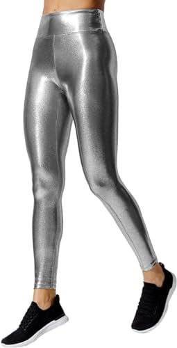 Glanz Leggings Damen Leggings Silber Metallic Damen Glitzerhose Leggings Glänzend Flüssigkeit Metallisch High Waist Dehnbar Wetlook Leggings Lack Leder Sportlegging Schmale Passform Karnevalskostüme von Snakell