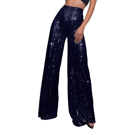 Glitzer Hose Damen Shining Glitzerhose Pailletten Hose Damen Silvester Festival High Waist Palazzo Lang Weite Hose Party Glitzer Silber Bling 70er Hose Rave Silvester Outfit Hosen (Dark Blue #6, L) von Snakell