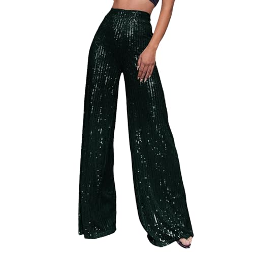 Glitzer Hose Damen Shining Glitzerhose Pailletten Hose Damen Silvester Festival High Waist Palazzo Lang Weite Hose Party Glitzer Silber Bling 70er Hose Rave Silvester Outfit Hosen (GN2#2, XXL) von Snakell